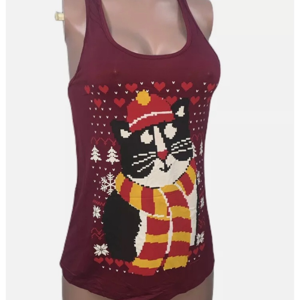 Wine Red Christmas Cat Lady Kitty Tank Top New
